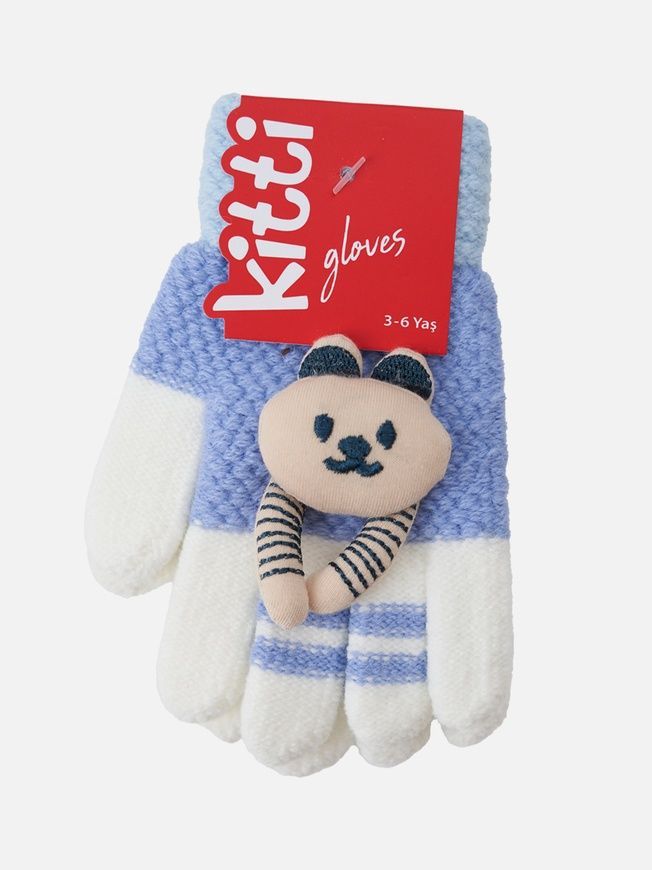 Перчатки васильково-молочные с игрушкой котиком для детей, Kitti, 3-6 лет фото