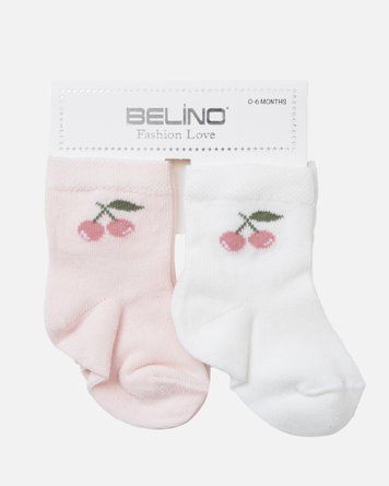 Носки 2 пары: белые и розовые с вишнями для девочки, Belino, 0-6 мес фото