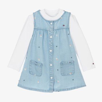 Платье голубое из денима с белым лонгсливом для девочки, Tommy Hilfiger, 12-18 мес фото