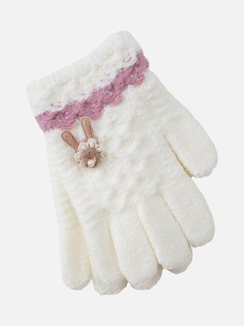 Перчатки молочные с лиловой полоской и зайкой для девочки, Kitti, 3-6 лет фото
