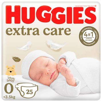 Підгузки Huggies Extra Care, розмір 0 (до 3,5 кг), 25 шт. фото