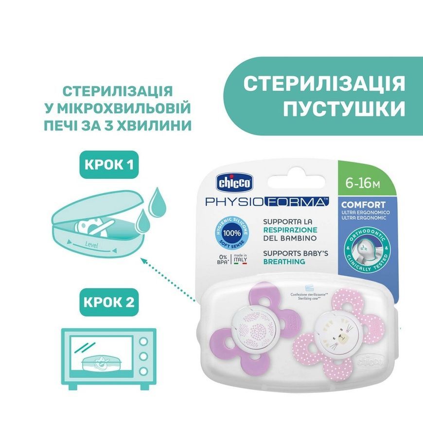Пустышка Physio Comfort силиконовая 2шт. для девочки, Chicco, 6-16 мес фото