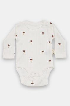 Боди белое в рубчик с шоколадными цветочками для девочки, Vauva, 3-6 мес фото