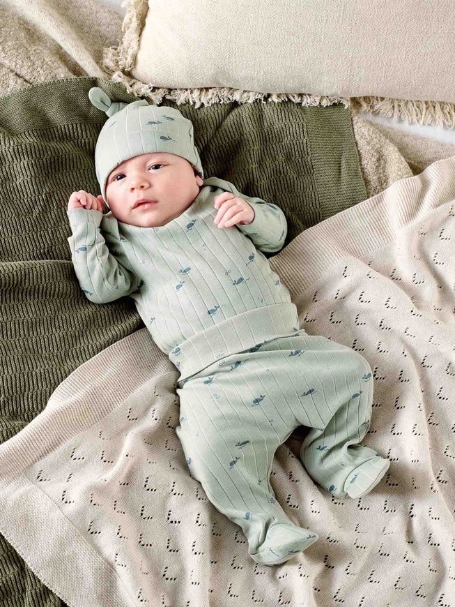 Набір м'ятний боді, повзунки та шапка з китами для немовлят, Mamas Papas, newborn фото