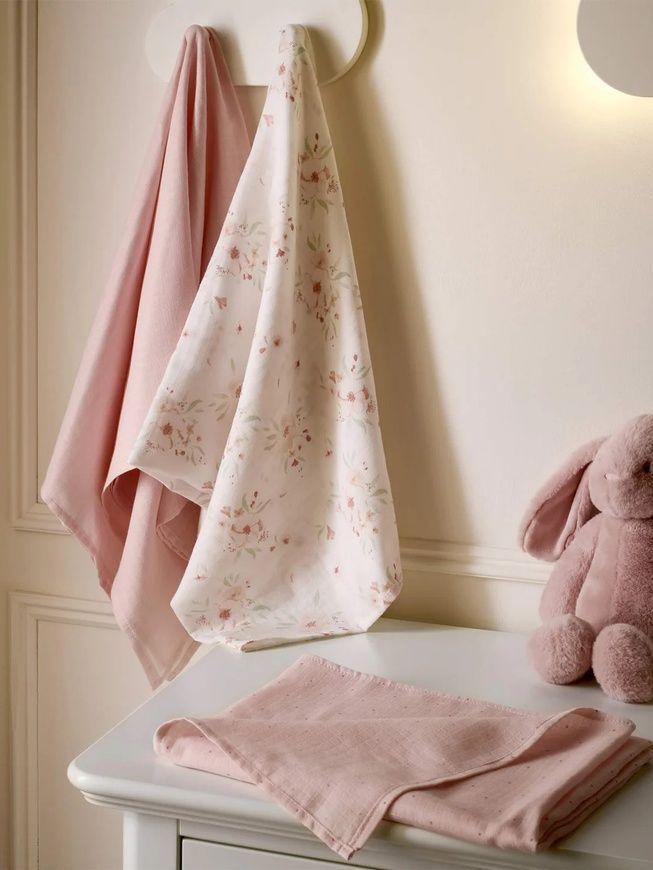 Пелюшки муслінові 3шт рожеві з квітами для немовлят, Mamas Papas фото